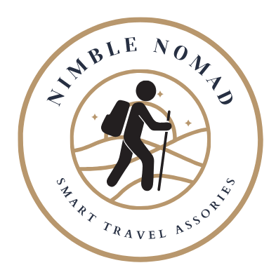 Nimble Nomad Logo a man with a backpack on a hill